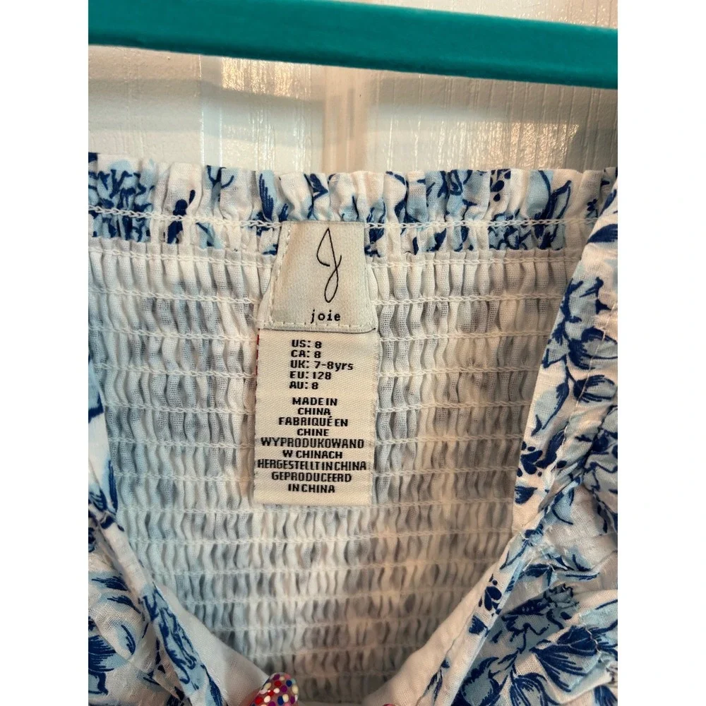 Joie Dress Blue White Floral Puff Sleeve Smocked Back Lace Trim Kids Size 8